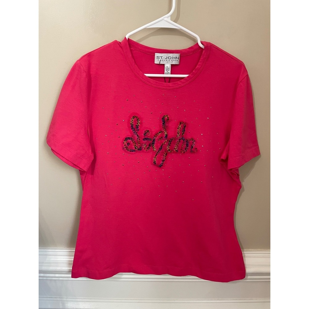 St John Collection Pink Rhinestone Embroidered 3D Logo T-Shirt Size XL